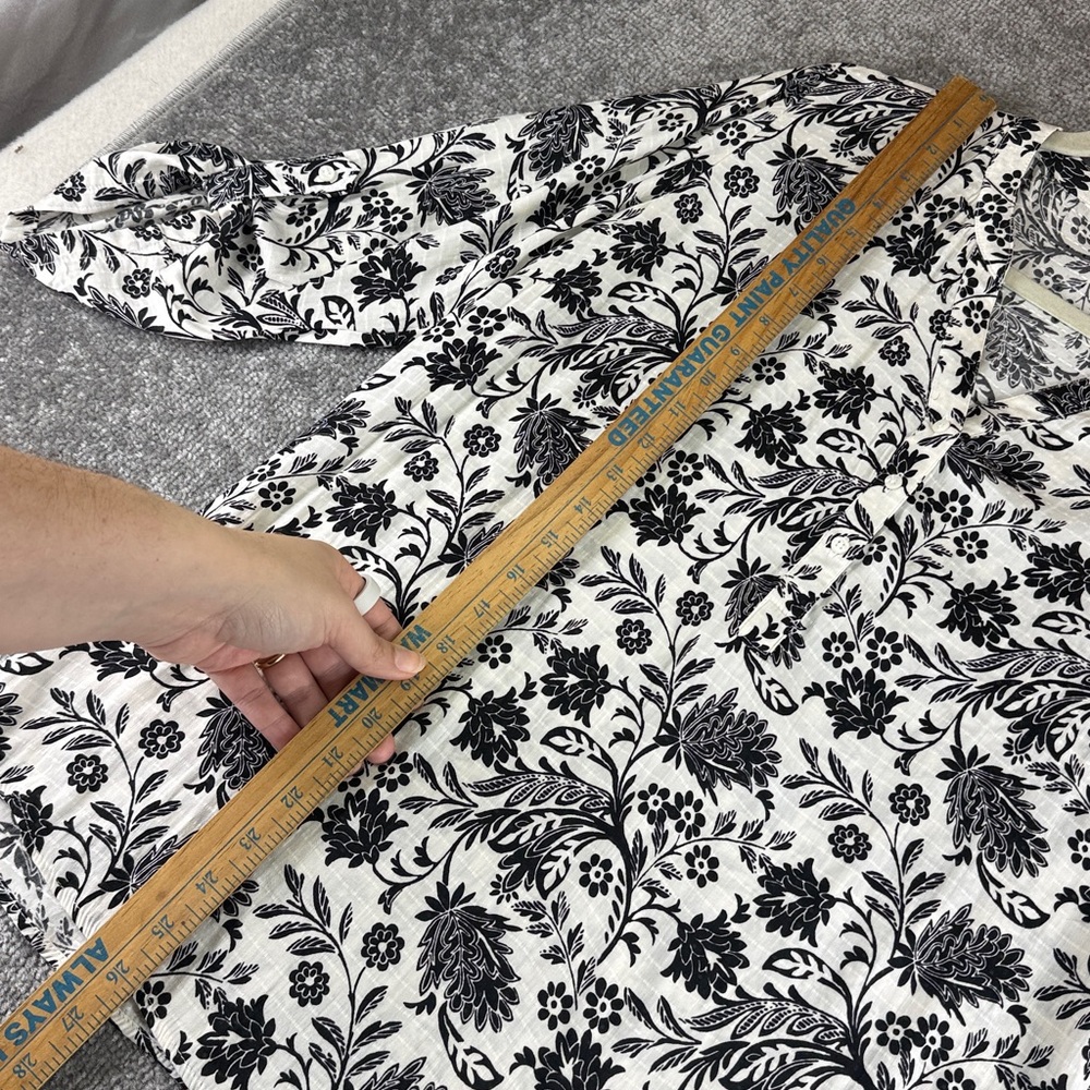Basic Editions 3/4 Long Sleeve Blouse Shirt Top Black White Floral Womens L - Picture 3 of 8